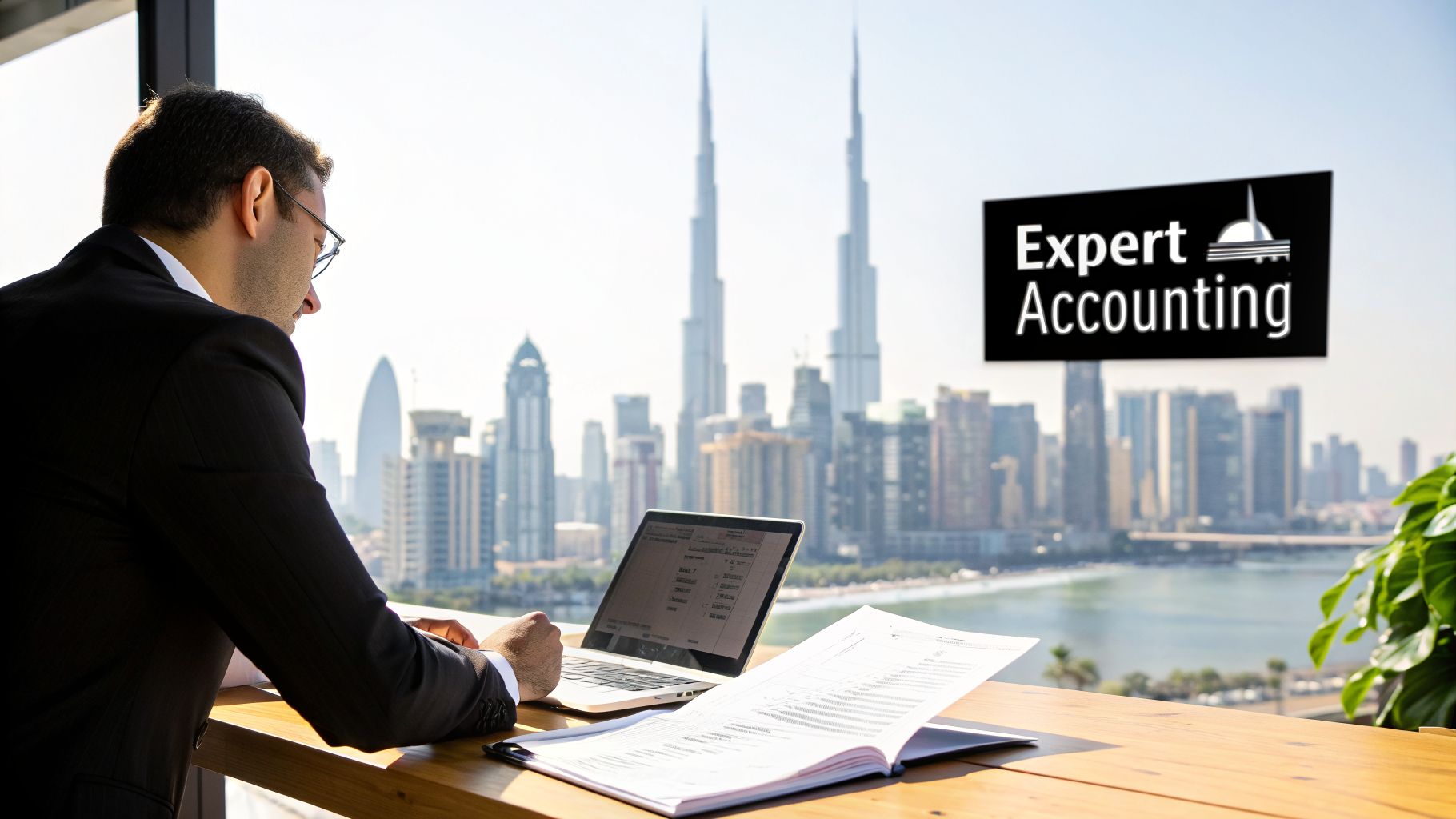 A businessman works on a laptop and documents at a desk with an 'Expert Accounting' sign and Dubai skyline view.