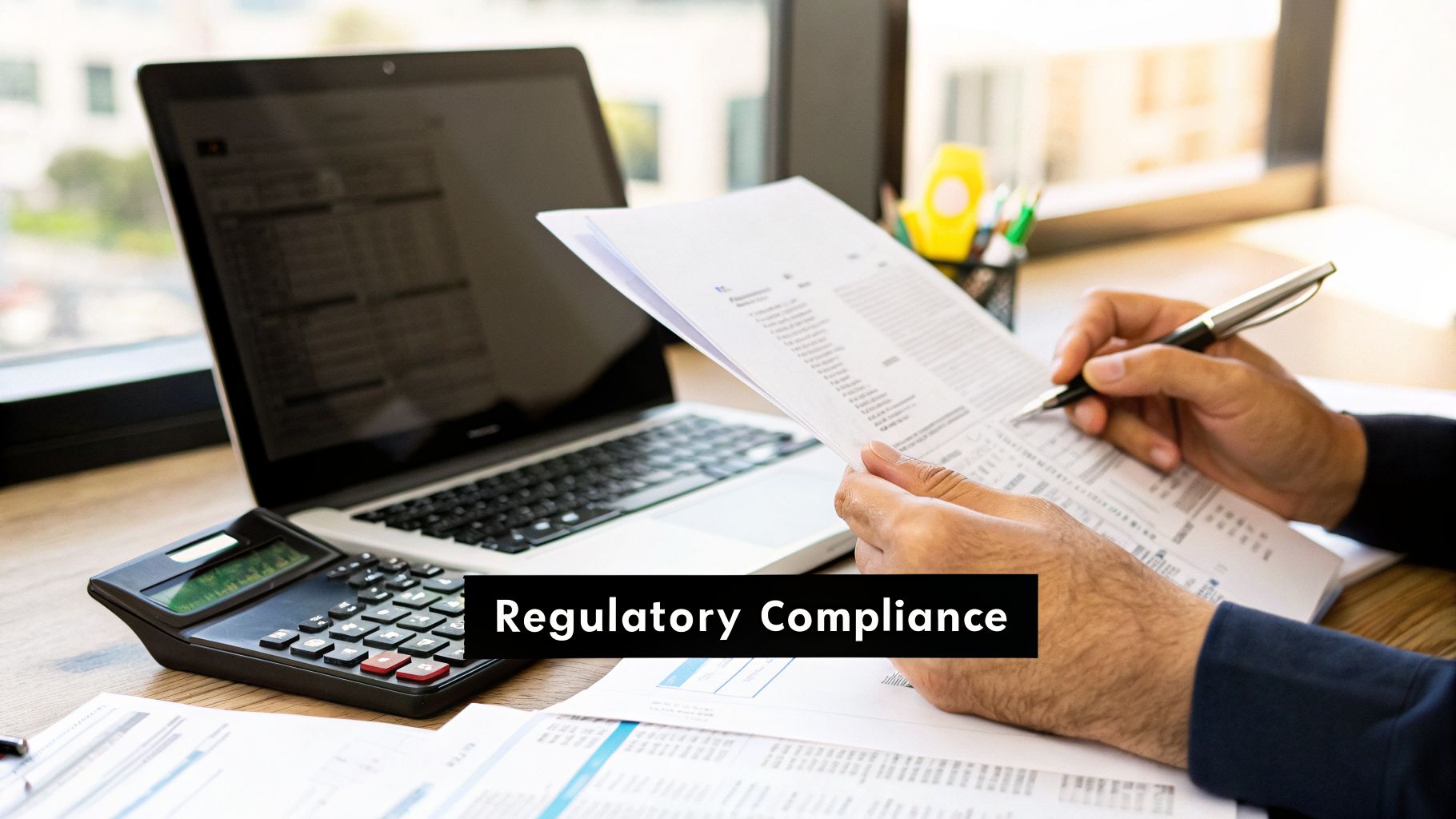 A person reviews financial documents with a pen, laptop, and calculator, emphasizing regulatory compliance.