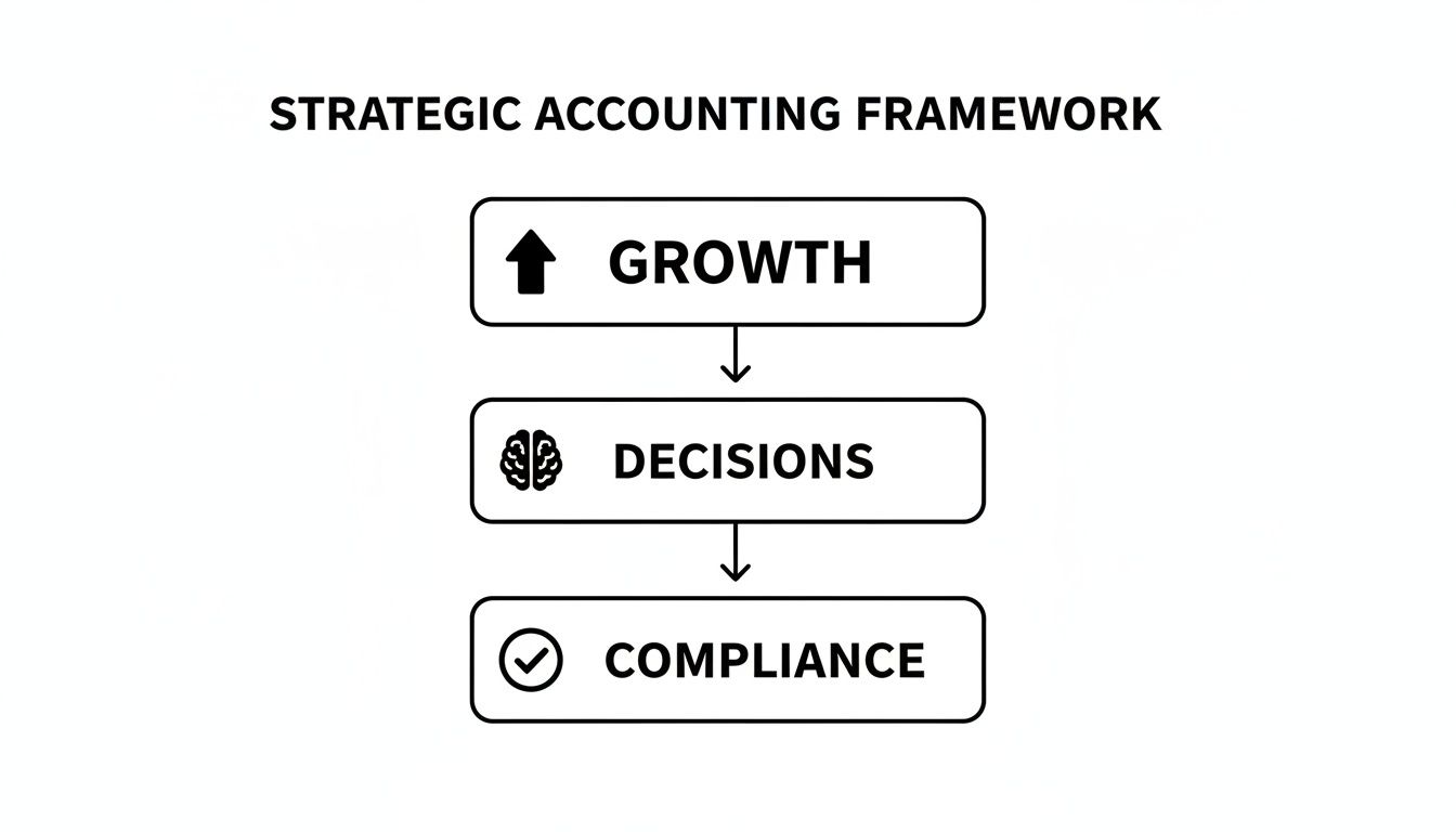 Strategic accounting framework diagram illustrating the flow from growth to decisions to compliance.