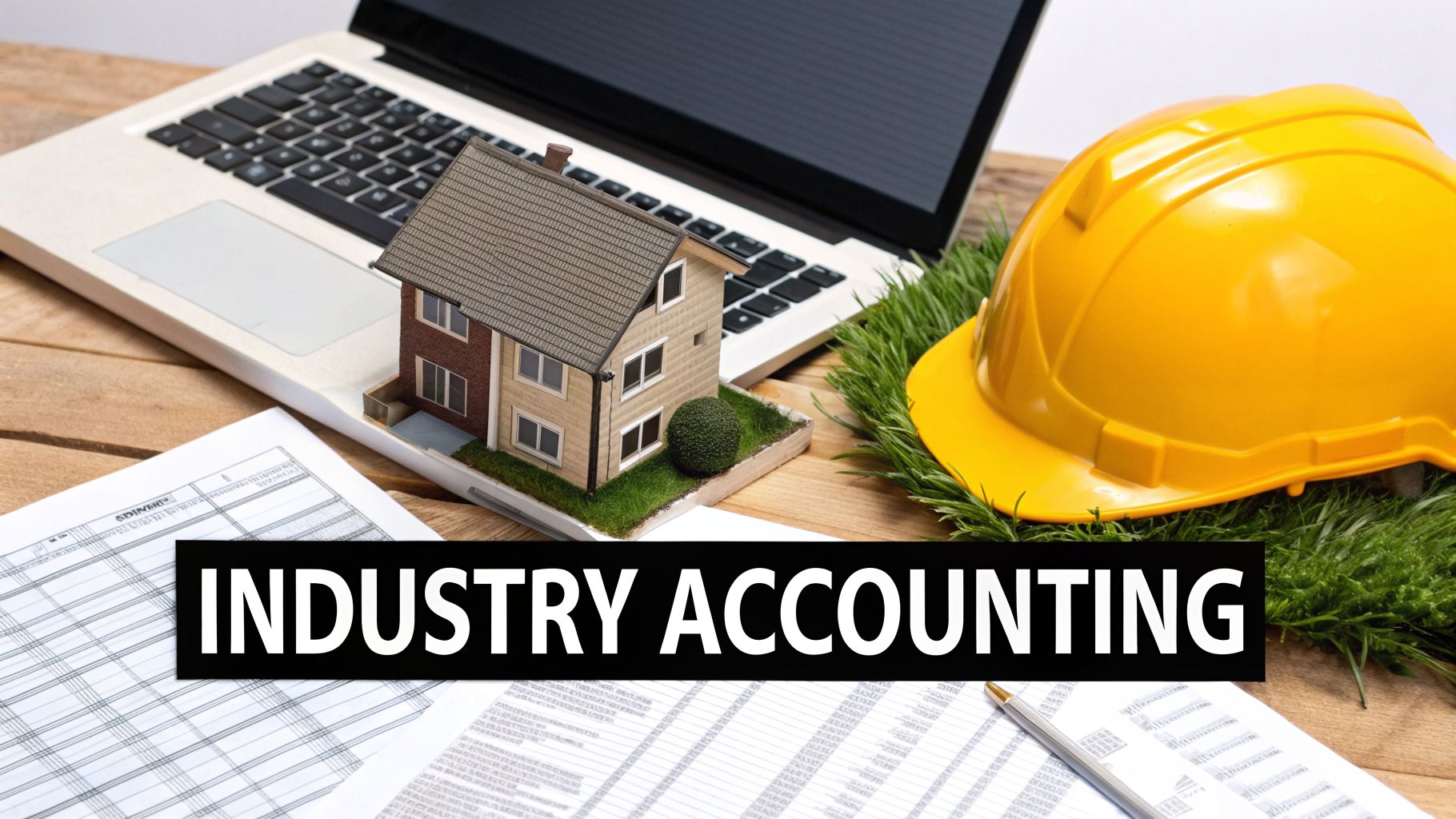 A desk with a laptop, a model house, a yellow hard hat, and financial documents with 'Industry Accounting' text.