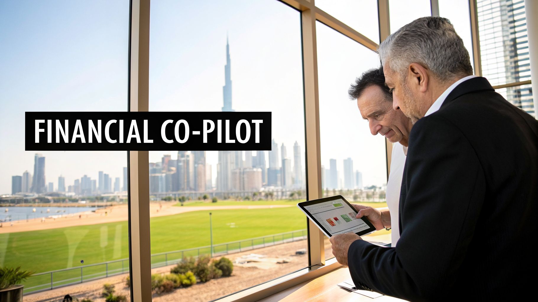 Two businessmen reviewing financial data on a tablet, overlooking the Dubai skyline with the Burj Khalifa.