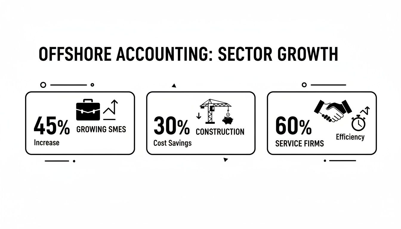 Infographic illustrating offshore accounting sector growth with key statistics for SMEs, construction, and service firms.