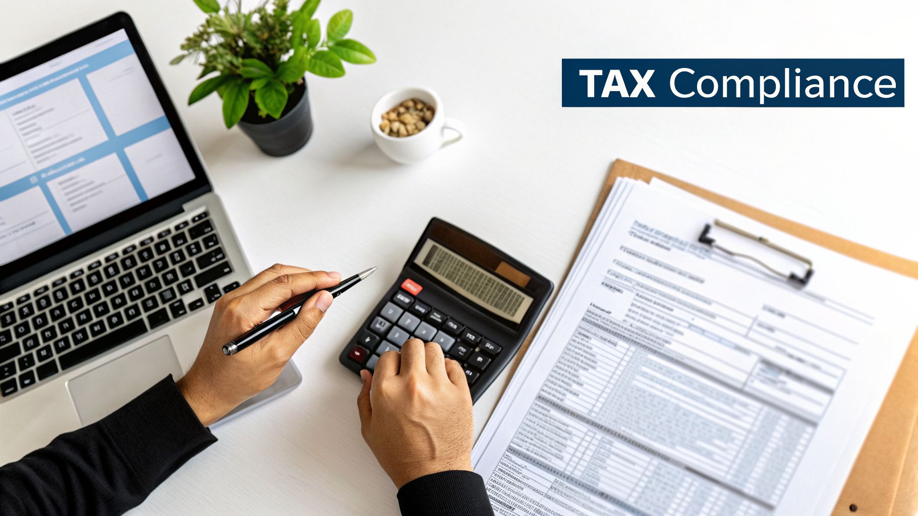 Person calculating taxes with a calculator, laptop, and documents for tax compliance.