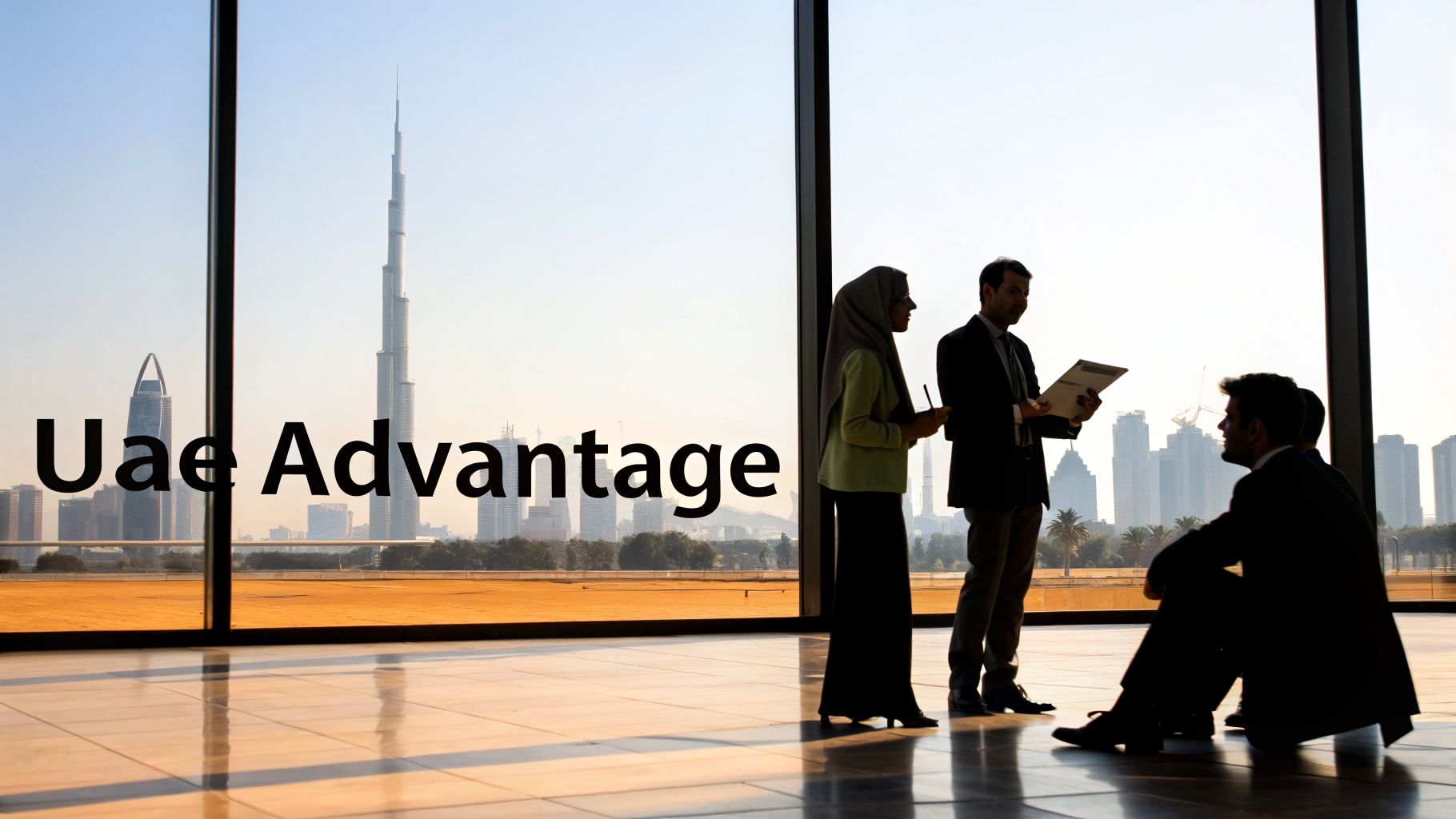 Silhouetted business team with Dubai skyline, including Burj Khalifa, highlighting UAE advantage.
