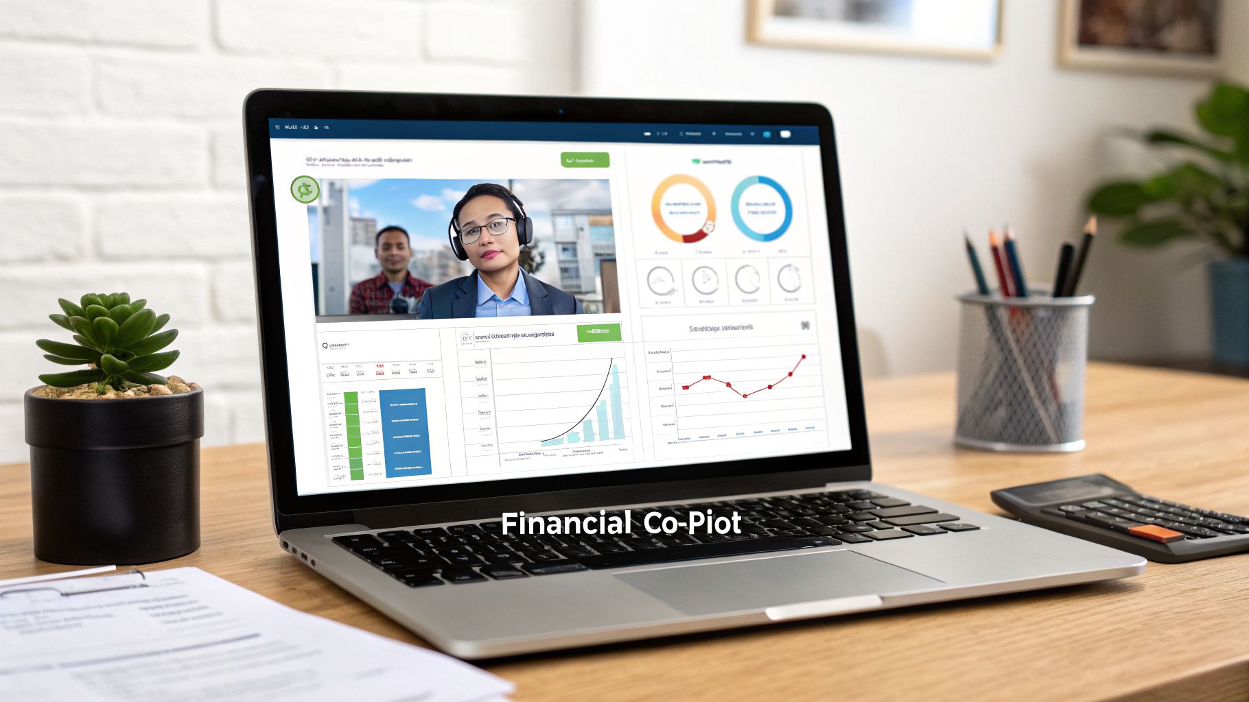 A laptop displaying a financial dashboard with charts, graphs, and an online video call in an office setting.