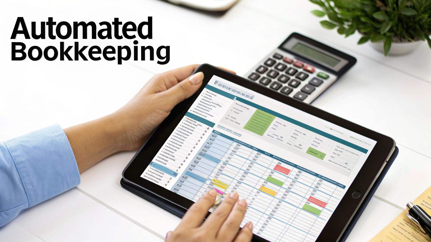 A person uses a tablet showing accounting software, next to a calculator and plant, for automated bookkeeping.