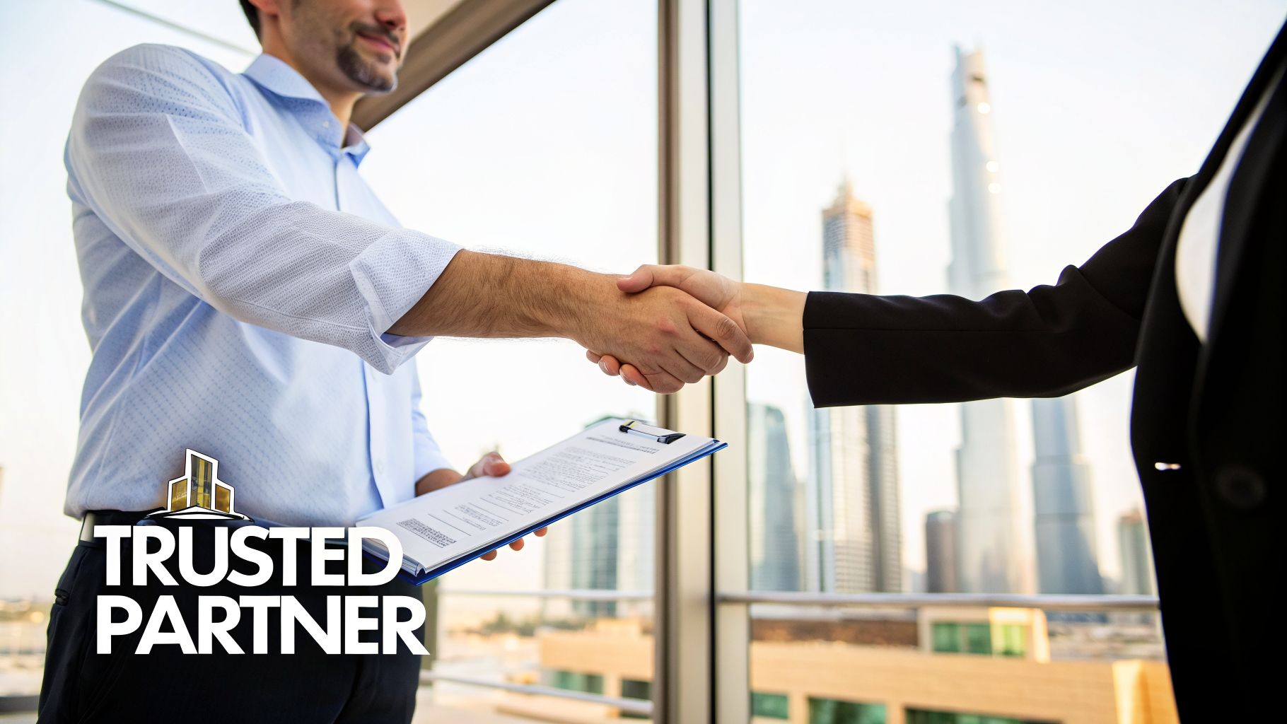 Two business professionals shaking hands, symbolizing a trusted partnership in a modern office with city views.