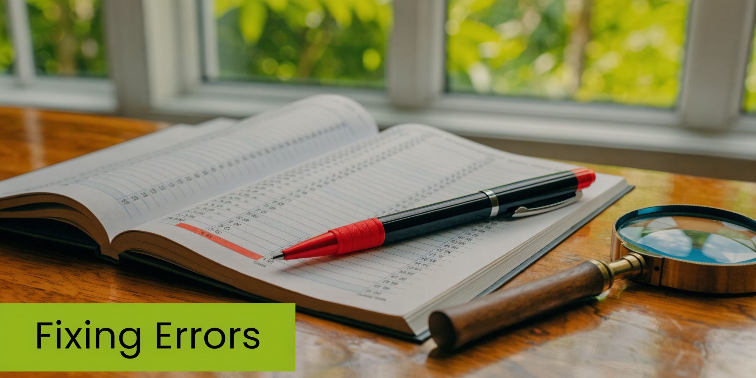 A professional desk setup featuring an open financial ledger, a red pen, and a magnifying glass.