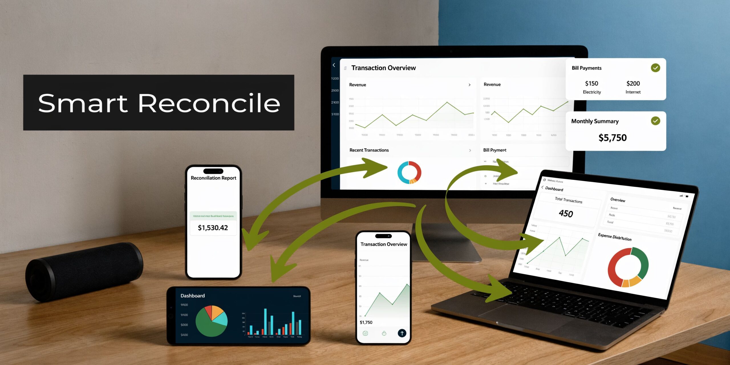 A workspace featuring multiple digital devices displaying various financial data dashboards, charts, and transaction reconciliation reports.