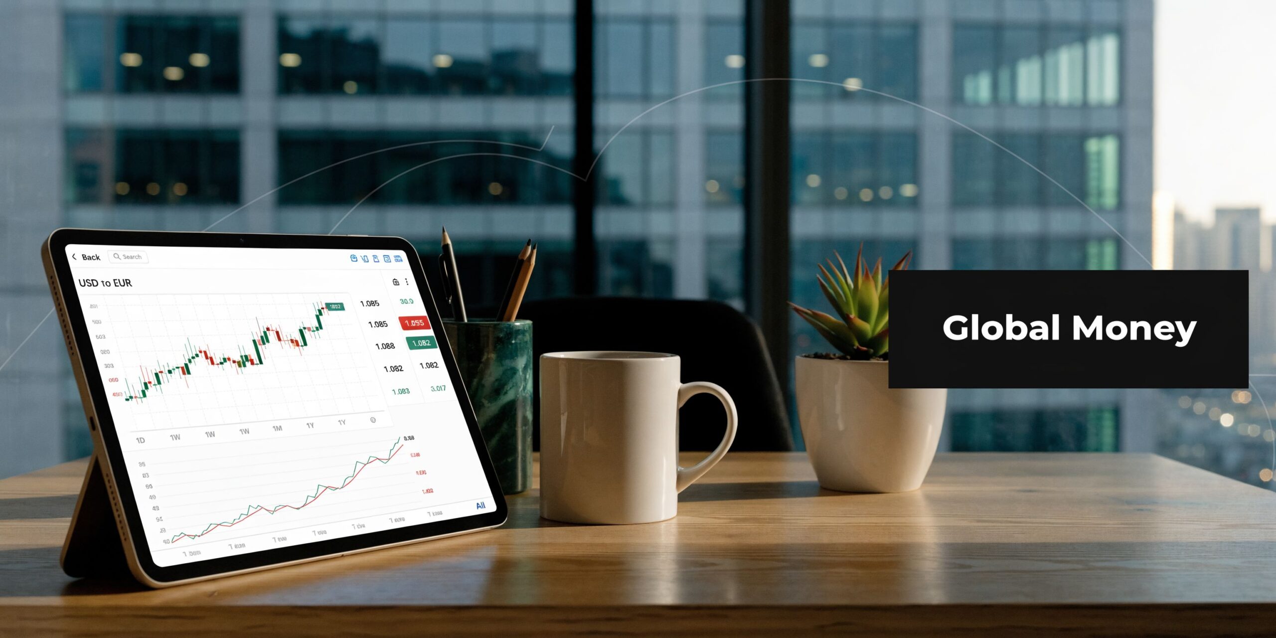 A tablet displaying live currency market trends sits on a wooden desk with a coffee mug.