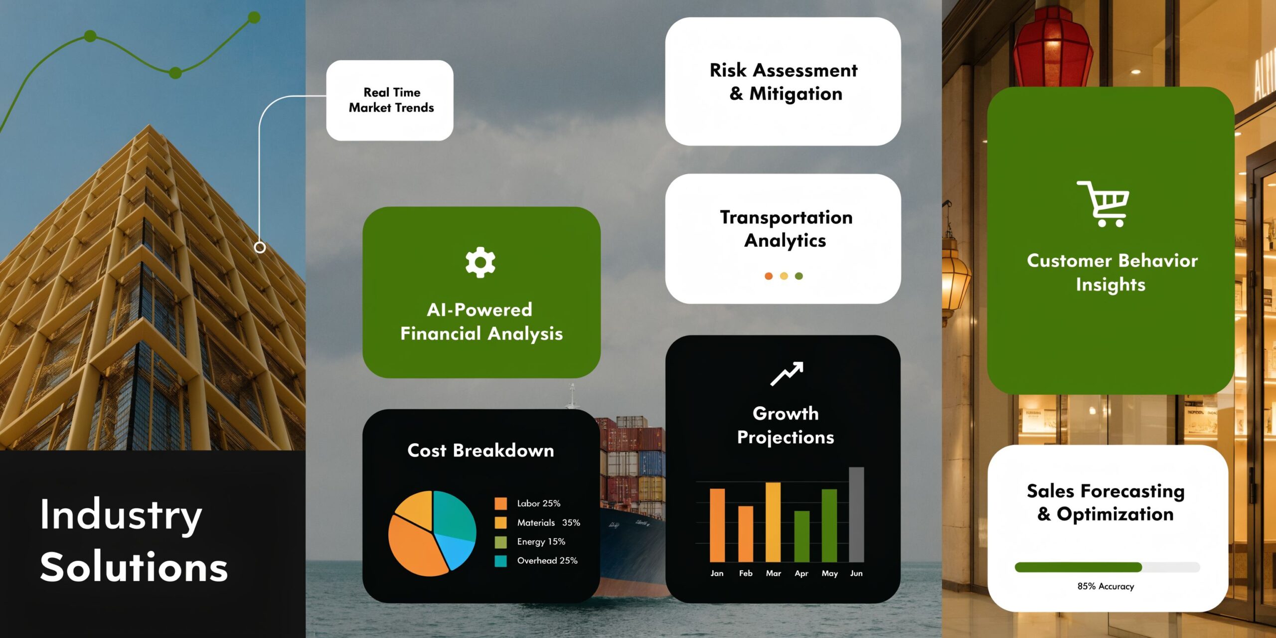 A professional infographic showcasing diverse industry solutions including financial analysis, transportation analytics, and growth projection charts.