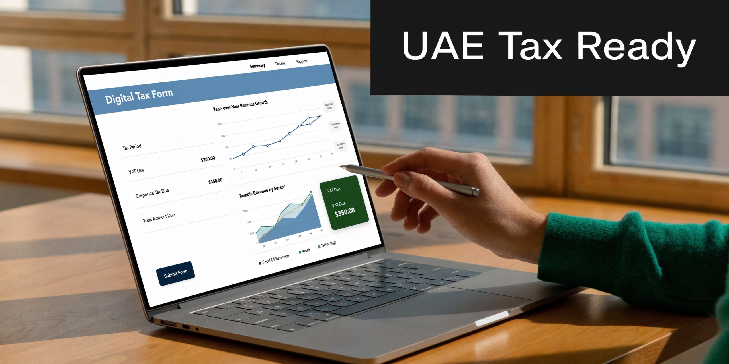 A person using a stylus on a laptop screen displaying a digital tax form and financial charts.