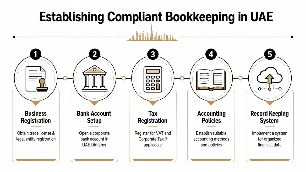 A five-step infographic showing the process for establishing compliant bookkeeping for businesses in the UAE.