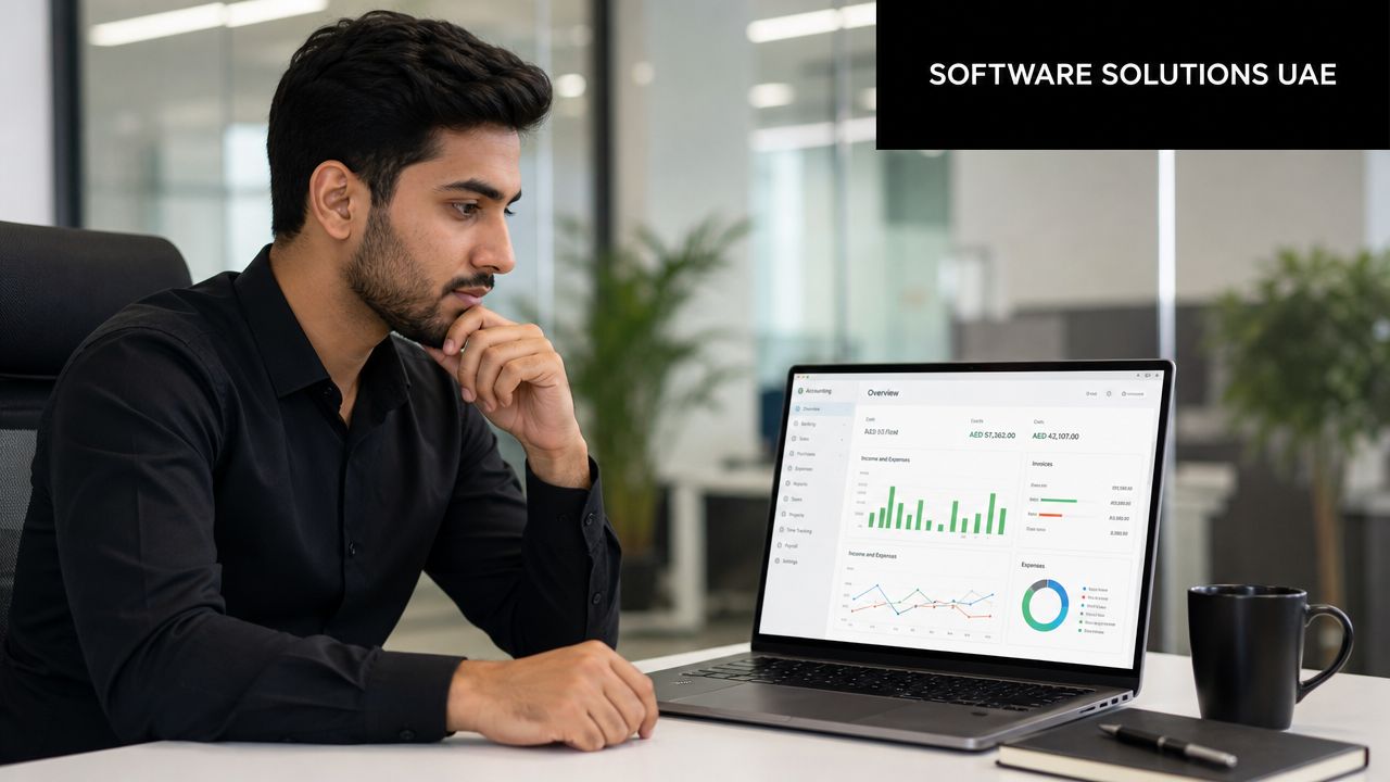 A professional man reviewing startup bookkeeping financial data on a laptop in a modern UAE office.
