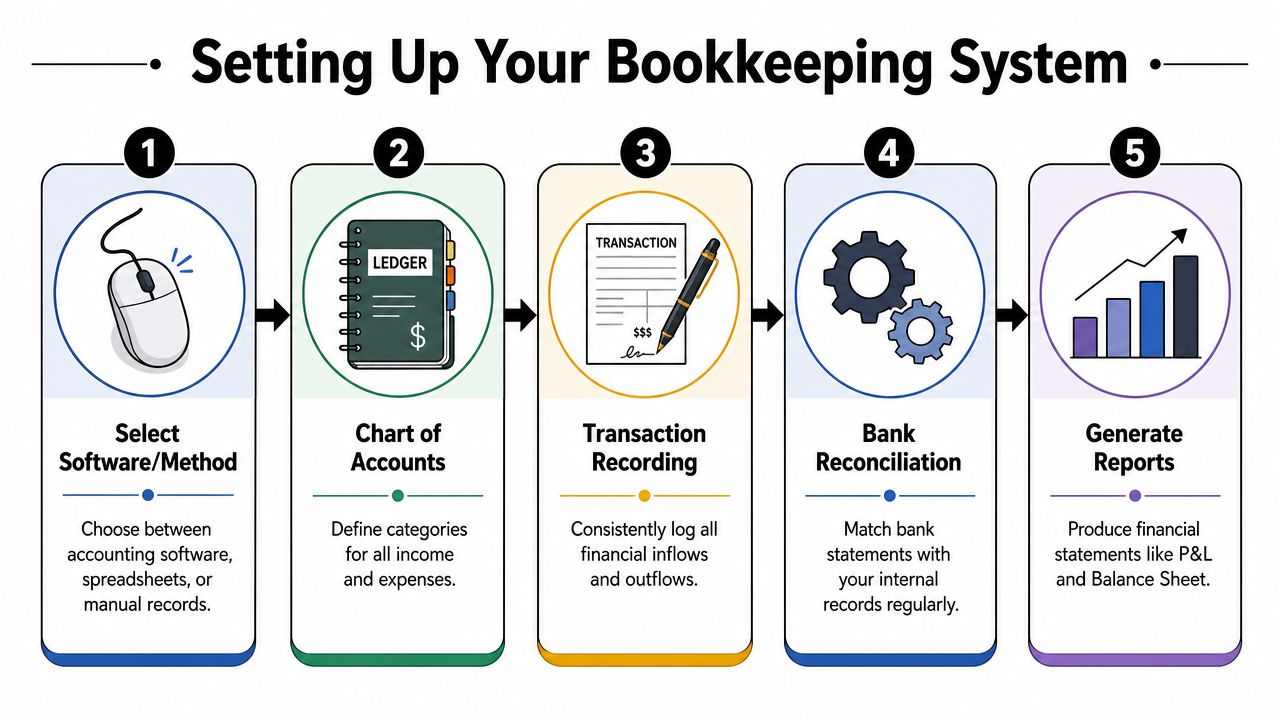 A five-step infographic illustrating the process for setting up a business bookkeeping system for financial management.