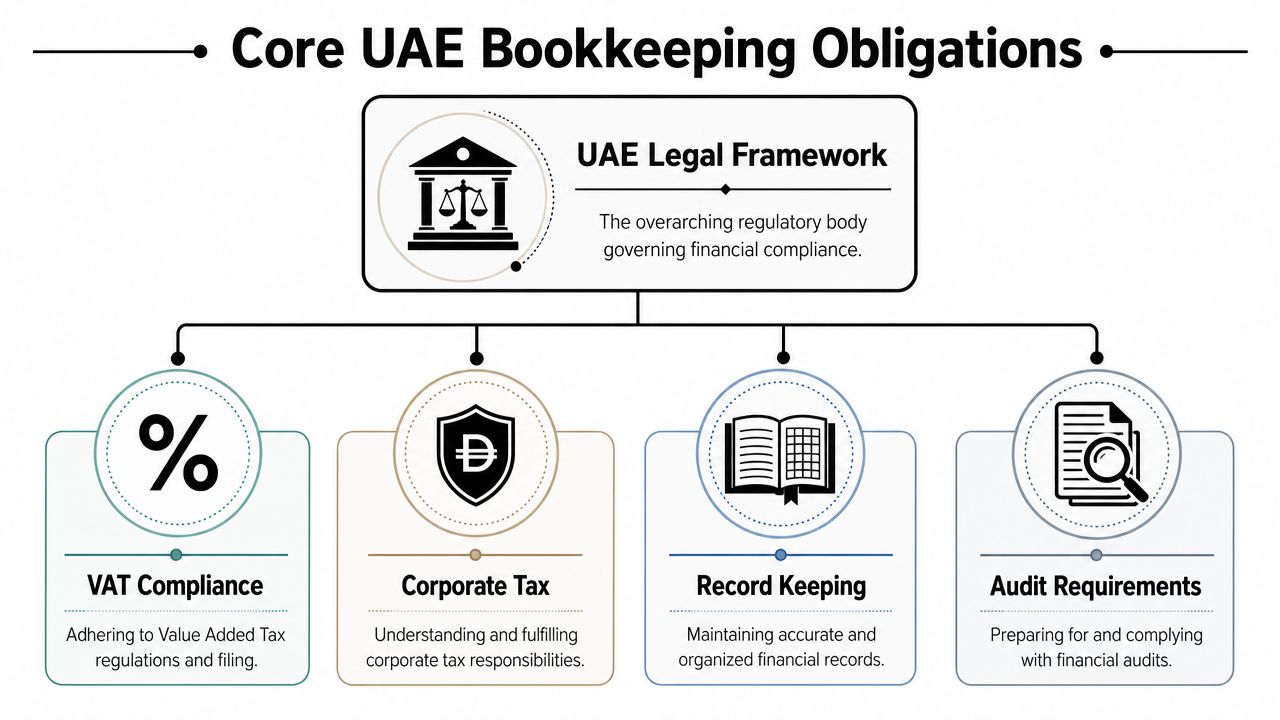 A diagram outlining core UAE bookkeeping obligations, including VAT compliance, corporate tax, record keeping, and audit requirements.